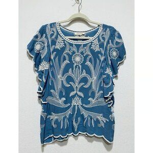 Solitaire Top Womens Large Light Blue Floral Embroidered Ruffle Cottagecore